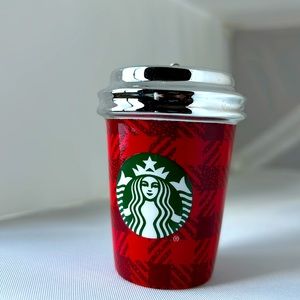 🎄 Starbucks red plaid ceramic 2016 Holiday ornament with silver metallic paint